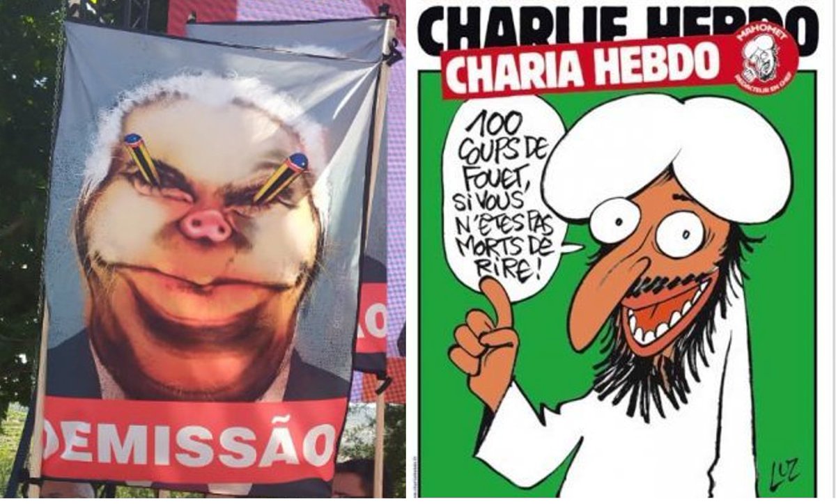 Sobre caricaturas...
...onde estão os #jesuischarlie de 2015?

É só uma caricatura (má, boa, etc), minha gente. 
O resto, como aliás se vê na 'Charia islâmica', é apenas interpretação.

Nesta linha, qualquer dia proibem o @GozarCom