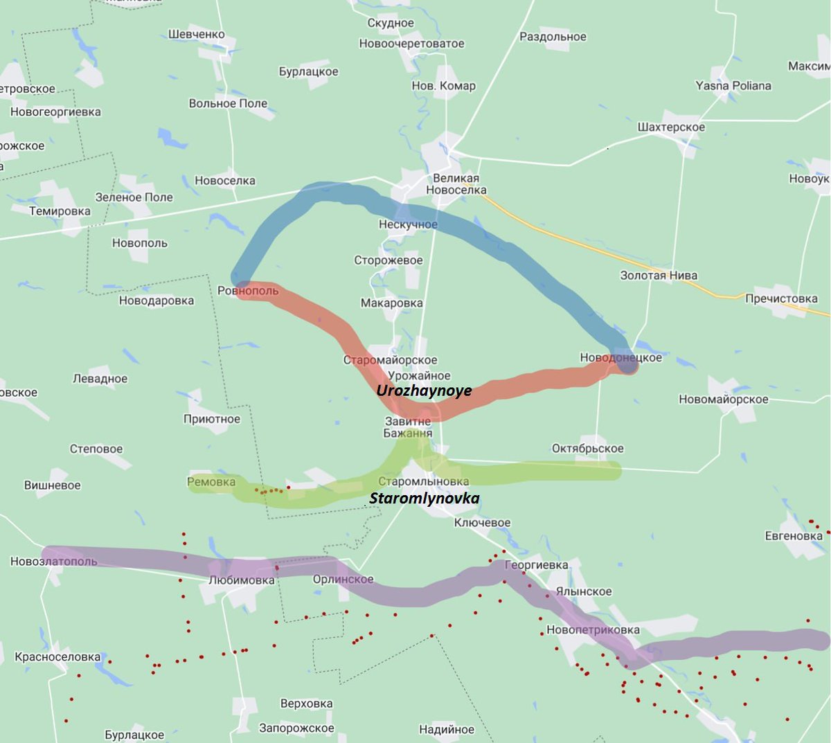 exoLedlight's tweet image. The blue line is approximate LCCC before the attack. The red line is about to become LCCC in the coming days.
Green is potentially the next line of defense. 
The purple line along the red dots is the #Surovikinline and RAF fortifications(mines,field fortifications,etc).