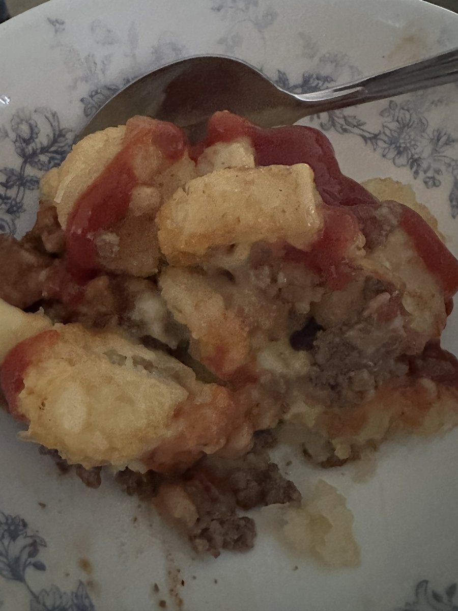 PasArrowsTales's tweet photo. Sometimes what a person needs is the comfort of tator tot hotdish made by their son. It just hits the spot. https://t.co/KCx1lBIfME