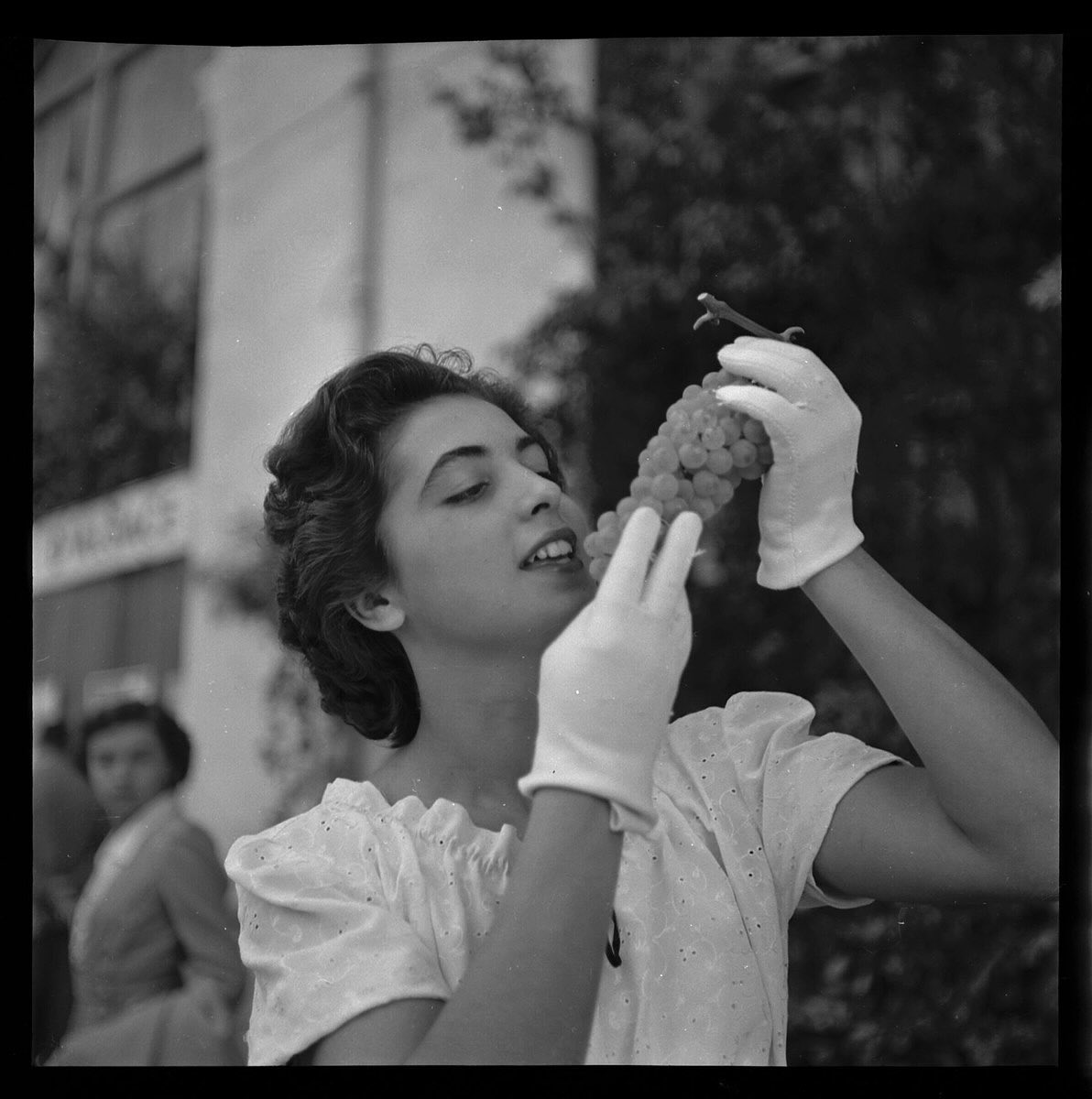 A woman about to taste a bunch of Chasselas grapes at the Chasselas grape festival in Moissac (1951), by André Cros