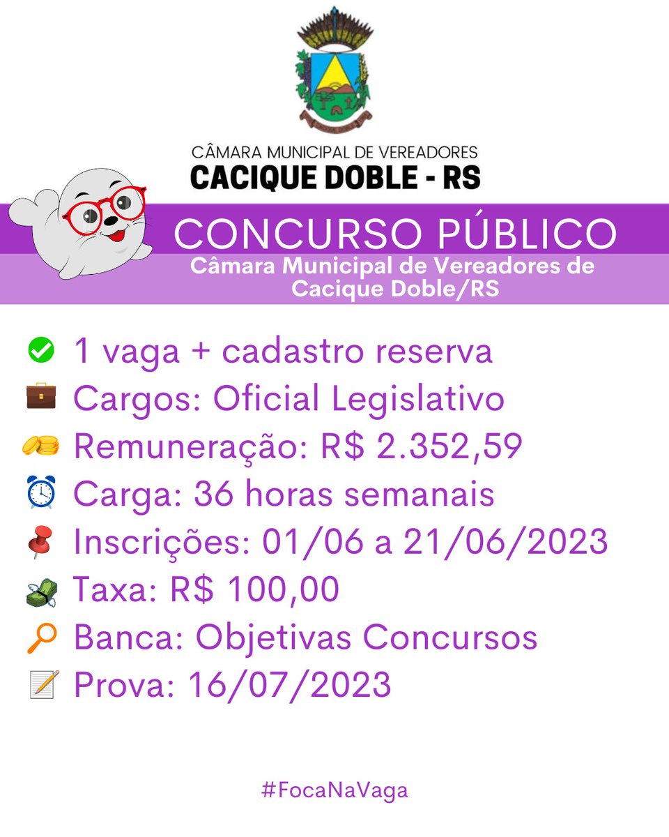 focanavaga's tweet photo. 📢 Câmara Municipal de Cacique Doble/RS
✅ 1 vaga + cadastro reserva
💼 Cargos: Oficial Legislativo
⏰ Carga horária: 36 horas semanais
🤑 Remuneração: R$ 2.352,59
📌 Inscrições: 01/06 a 21/06/2023
💸 Taxa: R$ 100,00
🔎 Banca: Objetivas Concursos
📝 Prova: 16/07/2023

#focanavaga https://t.co/y0kvcxJVoE