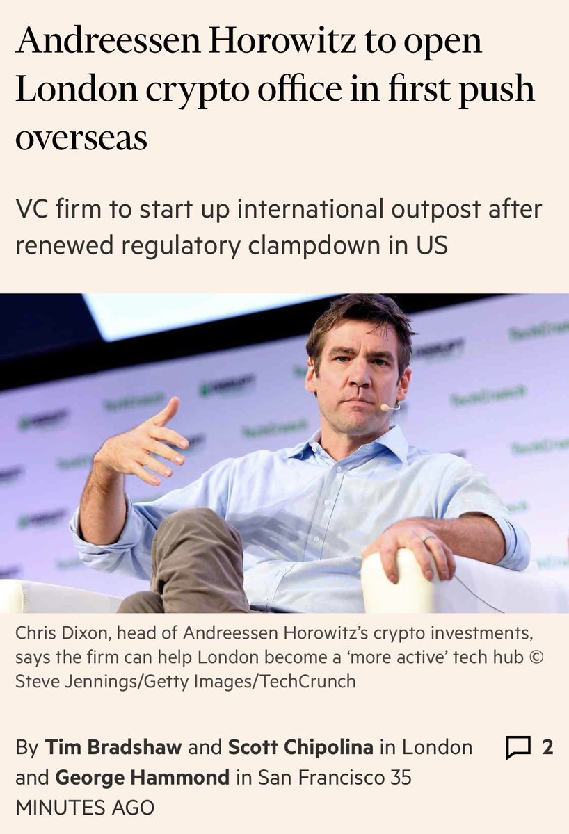 Andreessen Horowitz has chosen London for its first office outside the US, betting that the UK government will create a more hospitable climate for blockchain start-ups amid a crypto crackdown by the American financial regulator.
