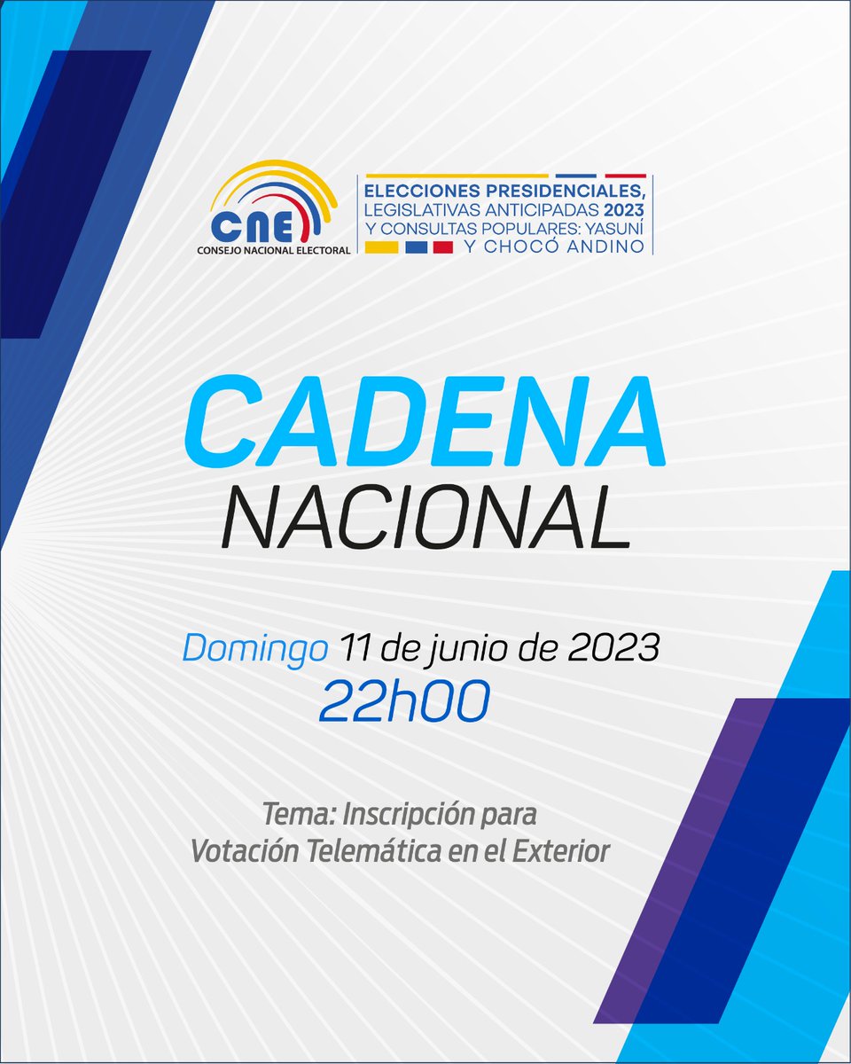 IMPORTANTE | Hoy a las 22:00 se desarrollará una #CadenaNacional de radio y televisión para informar al #Ecuador, sobre la #InscripciónVotoTelemático para los ecuatorianos y ecuatorianas empadronadas en el exterior. 

#EleccionesAnticipadas2023Ec 🇪🇨🗳️