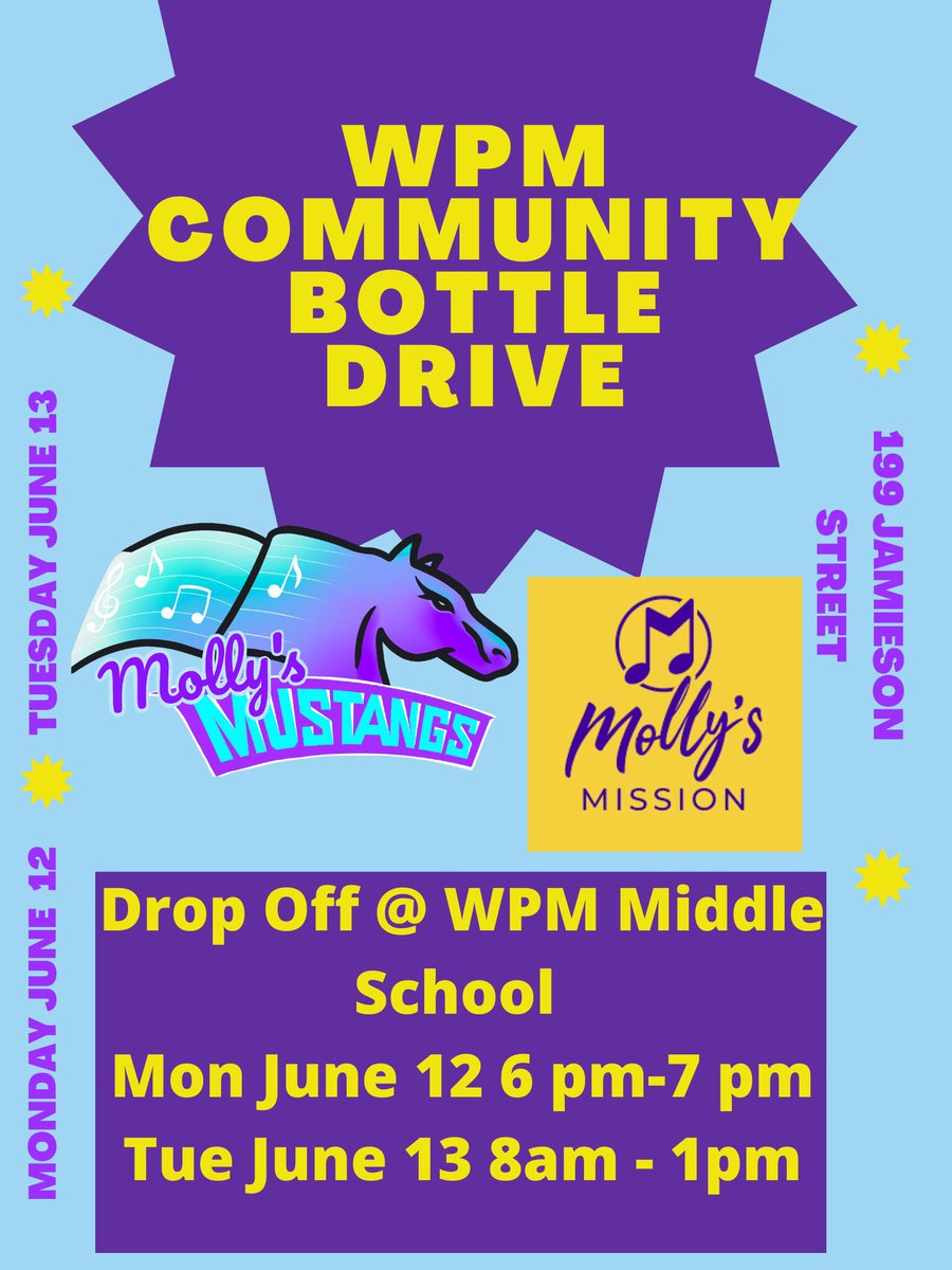 klbrwr's tweet photo. Hey Everyone -  @WPMMiddleSchool is once again having a bottle drive in support of Molly’s Mission. Please stop by with your bottles on Monday from 6pm-7pm or Tuesday 8am-1pm. Please Share! https://t.co/P7Lnc9DBv1