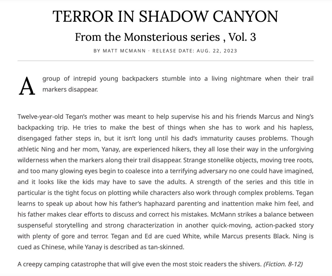 Thank you @KirkusReviews! TERROR IN SHADOW CANYON, book 3 in my #spookymg monster mystery series MONSTERIOUS, hits shelves Aug 22. @penguinkids @2023Debuts #middlegradebooks #kidlit #bookreviews