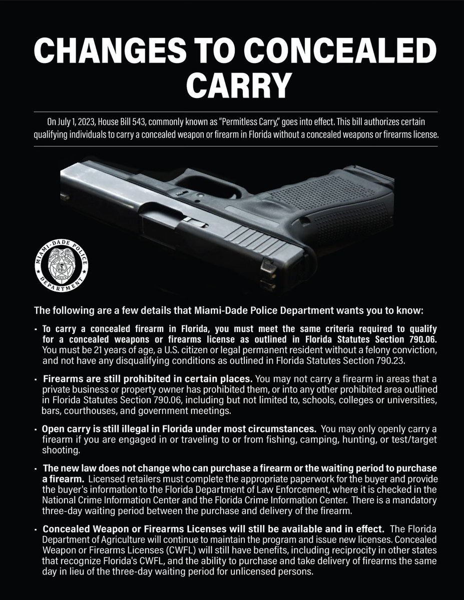 On July 1, 2023, House Bill 543 “Permitless Carry” goes into effect. This bill authorizes individuals to carry a concealed weapon or firearm, in Florida, without a concealed weapons license. Learn the facts ⬇️