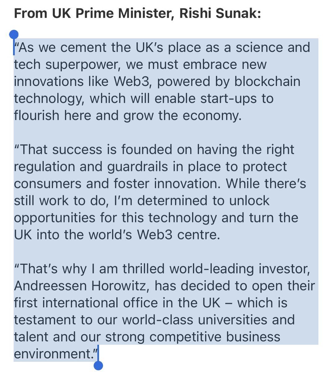Statement from UK prime minister Rishi Sunak on a16z’s expansion to the UK: