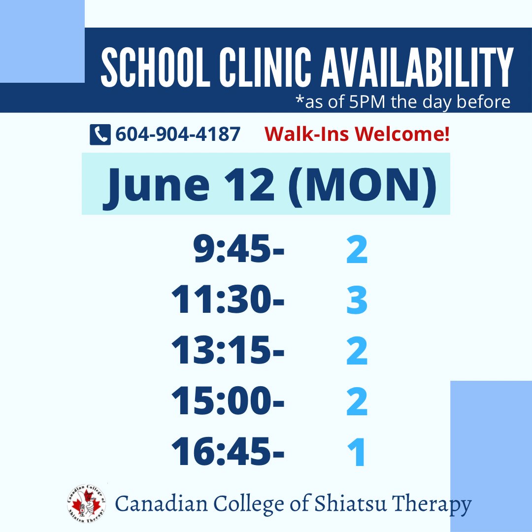 Today’s School Clinic Availability (as of 9:30AM) 
Call us at 604-904-4187 or simply drop by our school @ 142 Lonsdale Ave, North Van, BC
⏳75-90mins/$49.35
.
#northvancouver #shiatsu #shiatsutherapy #britishcolumbia #lowerlonsdale #relax  #walkin #CanadianCollegeofShiatsuTherapy