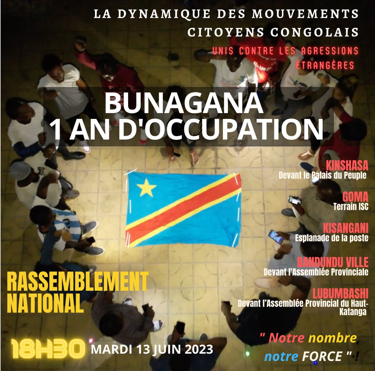 Quelqu'un en voyant cette affiche sur mon statut, m'a appelé pour savoir si bunangana est toujours occupé. 1 an déjà que bunangana est entre les mains du M23. C'est qui est préoccupant est que la vie est redevenu normal à kin et ailleurs.
Rejoignez nous ce mardi