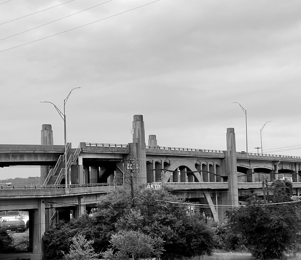 Western Hills Viaduct built in 1933, crosses the CXS railroad and Mill Creek for over 3000ft. The double decked art deco design is an iconic piece of the urban landscape. In need of much repair, it is to be replaced  in 2025. #Historic #Infrastructure #AgingAmerica