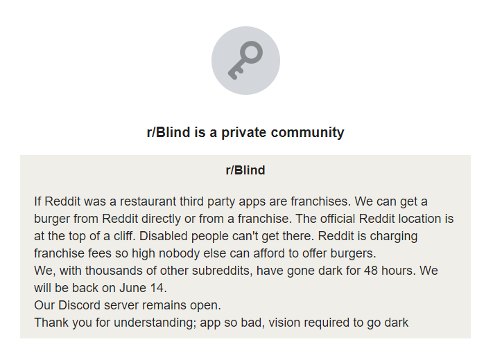 rumster's tweet photo. The switch has been flipped and r/blind is down.

Make the world #accessible.   

It took someone who wasn't visually impaired to actually turn off the light of r/blind.    Let that sink in.

#nfb #a11y #accessibility #reddit #Redditapi #technews #redditblackout https://t.co/cFGDjQ4g38