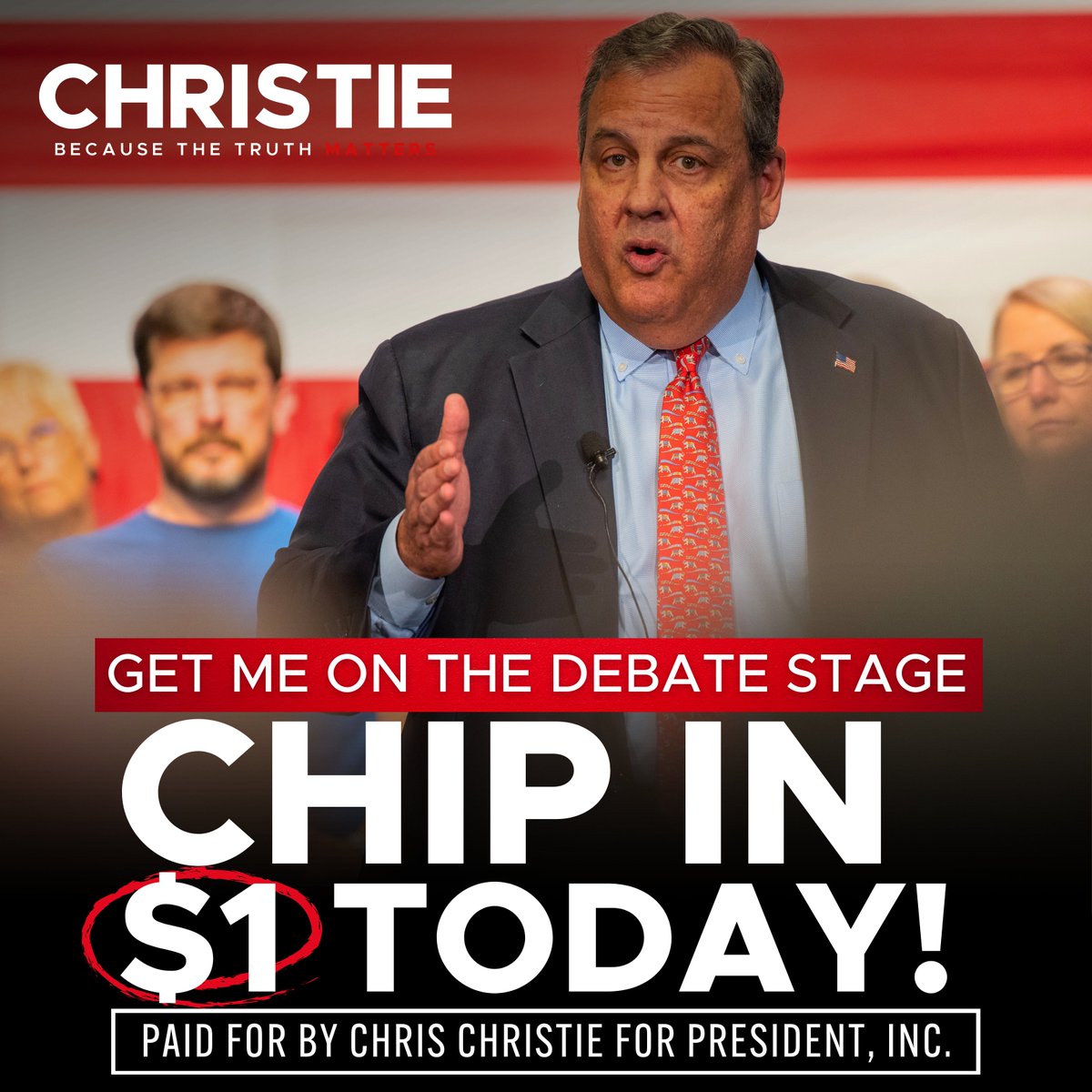 Donald Trump doesn’t want me on the stage with him because I’m the only one that will hold him accountable. 

We need your help to get me on there though. Chip in just $1 today to help me get on the debate stage. 

Chip in here >>> secure.winred.com/chris-christie…