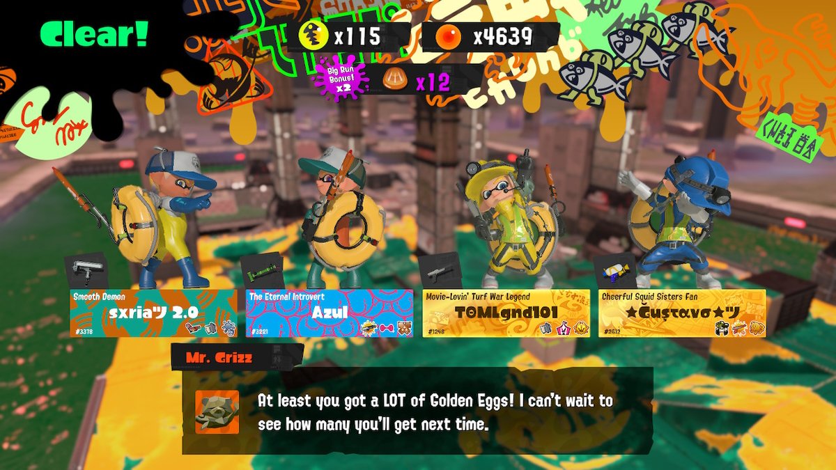 LightBlueSquid's tweet photo. And that's a wrap for Big Run! GGs to @TomLegend101, @Mettuar30, @azulsorairo, @Honbeiv &amp; @Joey_HJ_CMGS for the chaotic shifts! #Splatoon3 #NintendoSwitch https://t.co/SDFRC4dcqM