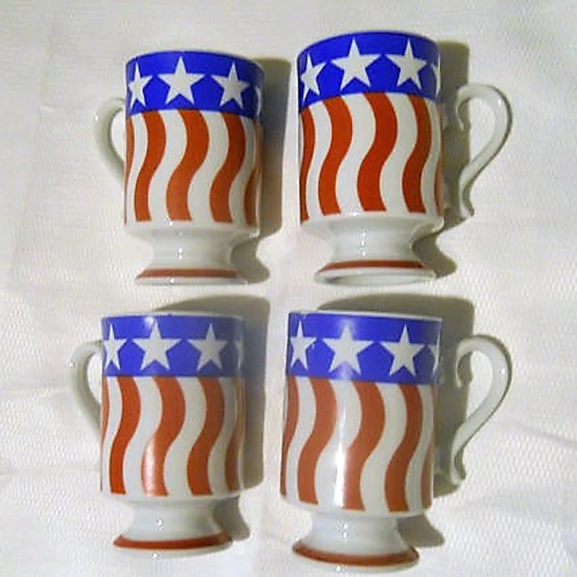 Remember 'Love American Style' TV show? 4 Royal Crown Old Glory Red White and Blue Footed Mug AKA Smugmugs vintage etsy.me/3oS4CxQ via @Etsy #coffee #mugs #vintage #prop #seventies #patriot #fourthofJuly #july4 #EtsySeller