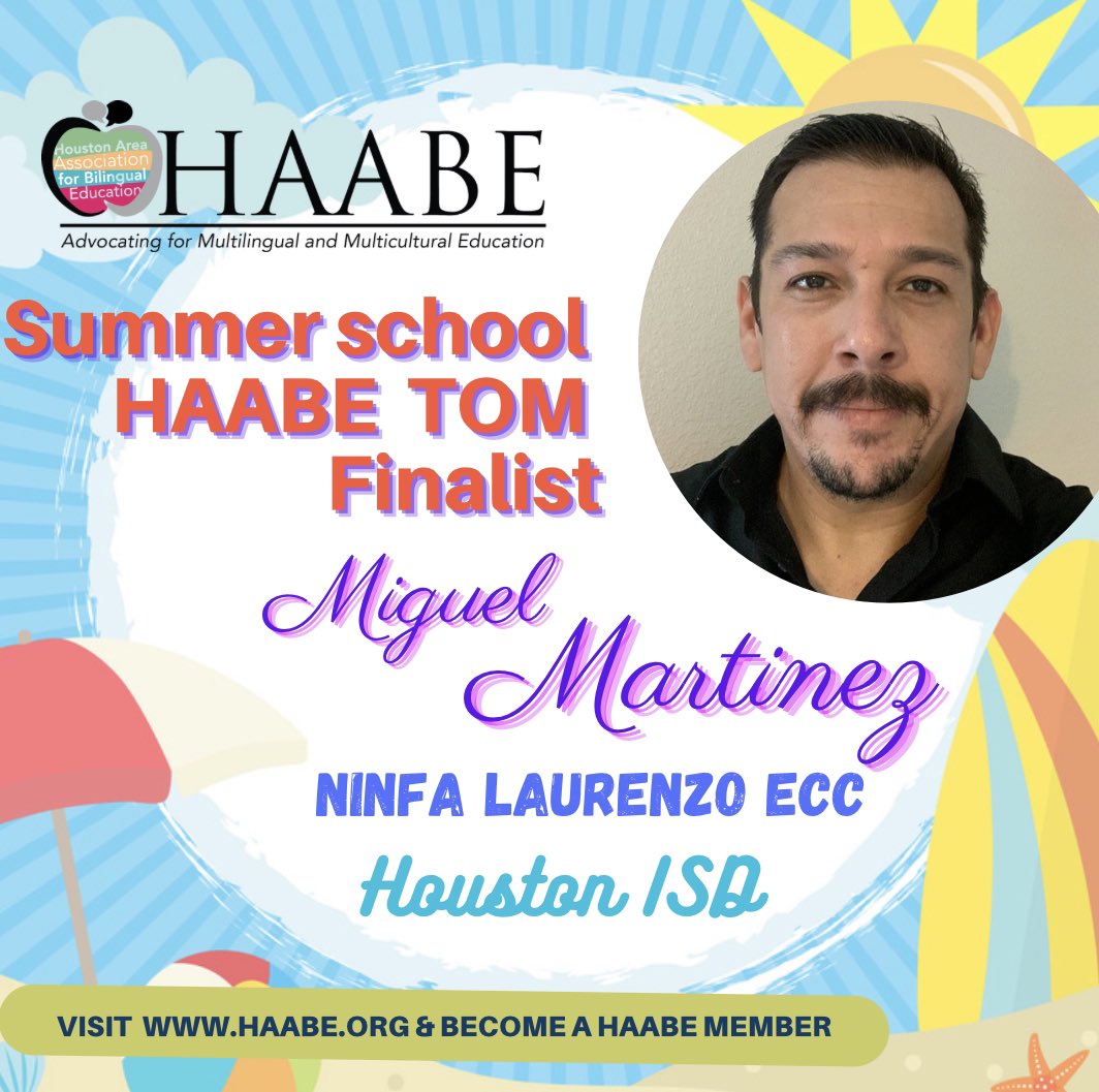 Vote for Mr. Miguel Martínez  #HAABETOM #summerschool2023 

You can support your favorite teacher with likes and shares. Next Sunday June 18th 2023 at 9:00pm the counting of votes will stop.

Best of luck to our HAABE TOM finalists!!

<a href="/LaurenzoEcc/">NinfaLaurenzoECC</a> <a href="/HoustonISD/">Houston ISD</a>