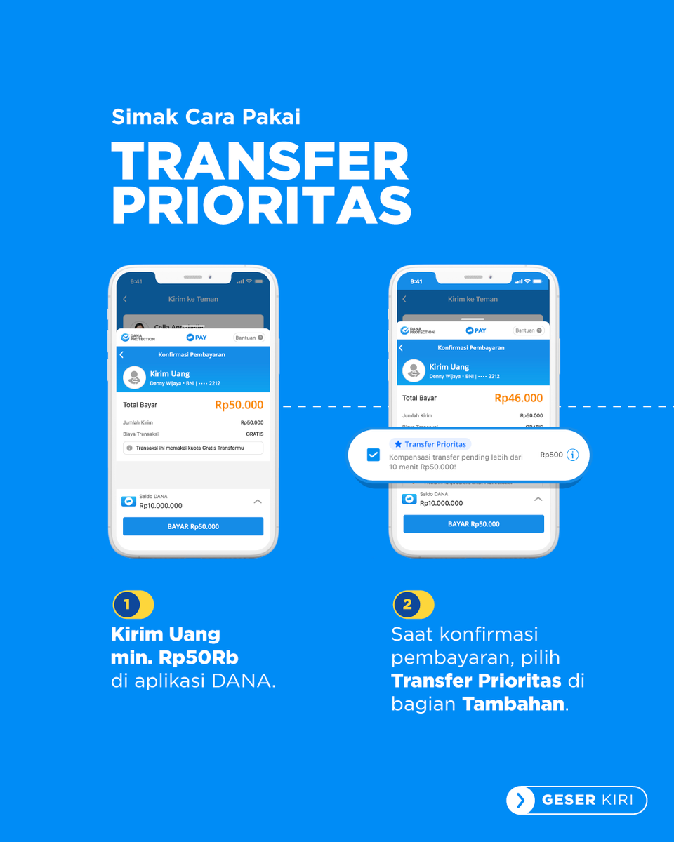 danawallet's tweet photo. Cuma nambah Rp500 ajaa, kamu bisa dapetin ganti Rp50Rb saat saat status Kirim Uangmu pending! Yuk coba Transfer Prioritas sekarang biar transaksimu jadi #BebasDrama ! 💙🤗 https://t.co/qOQRukEhxZ