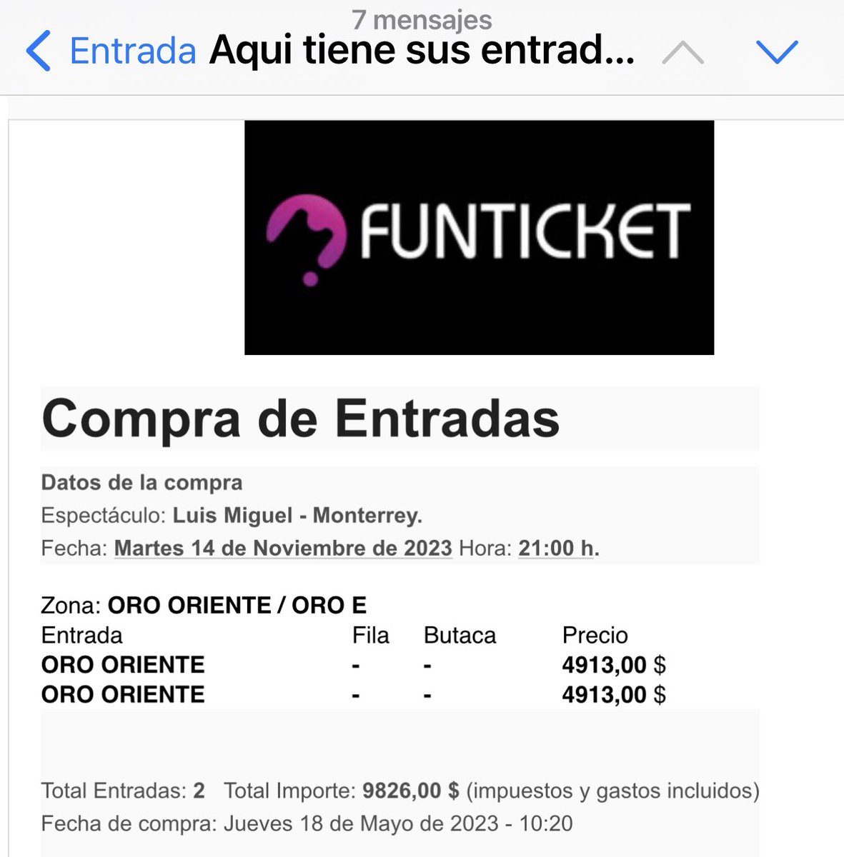 Tatanka77's tweet photo. @Profeco ayuda para guiarme para presentar queja formal contra @Funticketmx por venta engañosa se hizo la compra en línea y seleccioné fila y lugar y ahora me dicen que será entrada general y eso nunca se indicó al momento de la compra #LuisMiguelTour2023 #estafafunticket https://t.co/HypRZRyLig