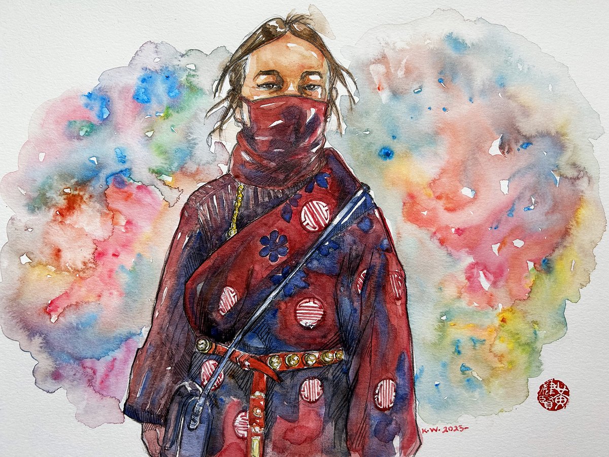 KennethwongSF's tweet photo. Weekend drawing. #watercolor portrait of a Tibetan child in maroon robe. https://t.co/5SCAId2wq3