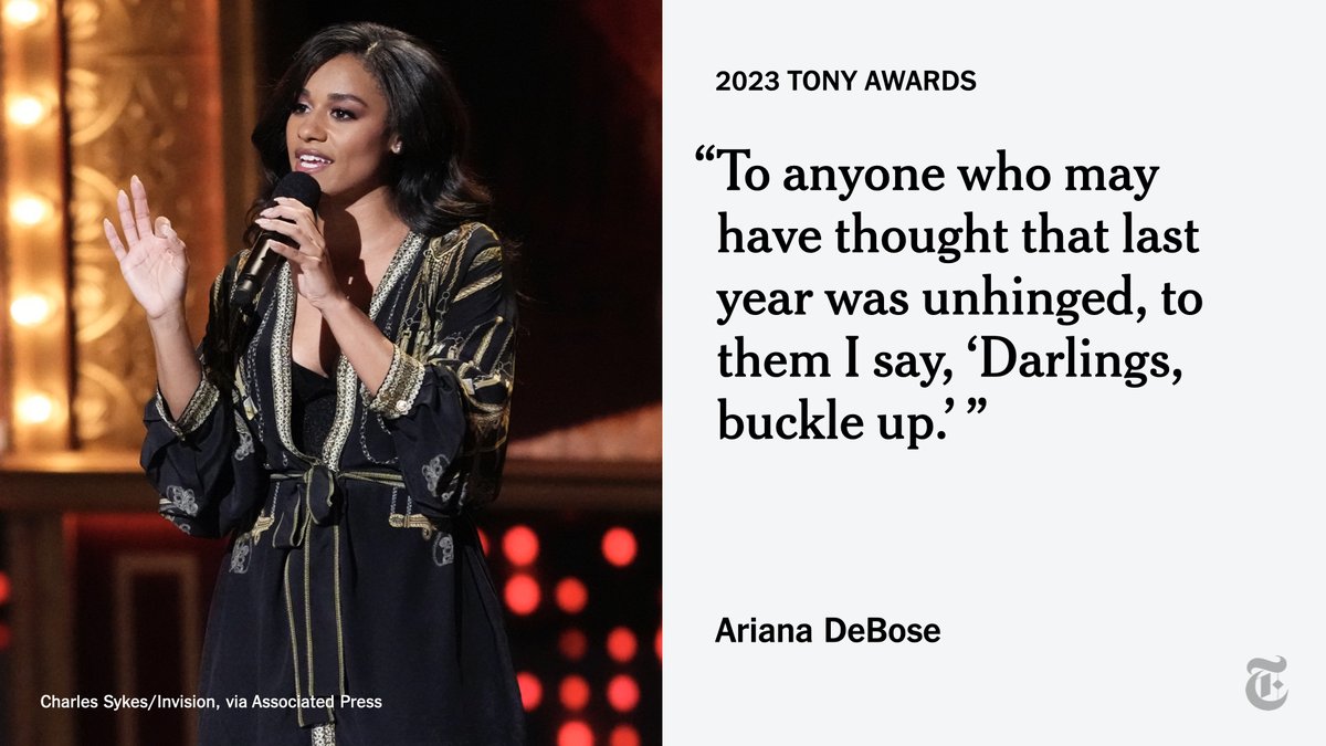 nytimes's tweet photo. In order to win a promise from striking screenwriters not to picket the Tony Awards, the presenters of the show pledged not to use any scripted material. “I’m live and unscripted,” Ariana DeBose, the ceremony's host, said during the show's opening. https://t.co/hWN653rDWL https://t.co/gm20F6aKDw