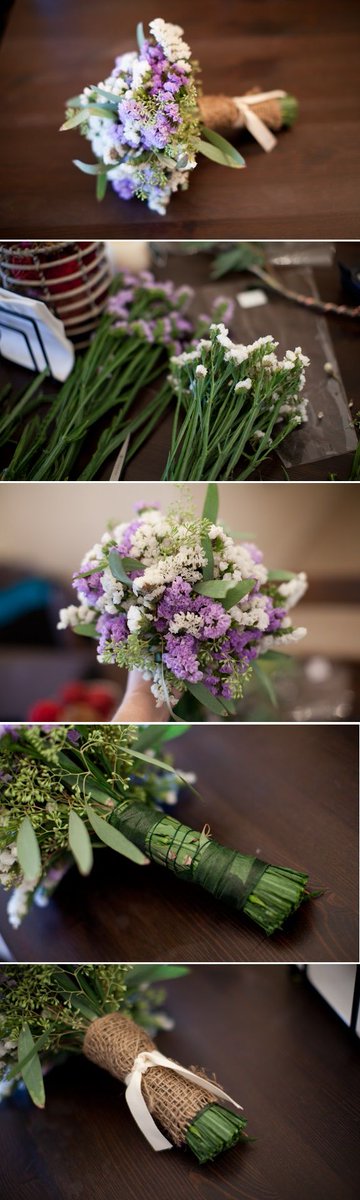 DIY bouquet of mixed colors of statice and seeded eucalyptus, wrapped in burlap. Nice rustic touch, don't you think?  #MKEFlowerMarket