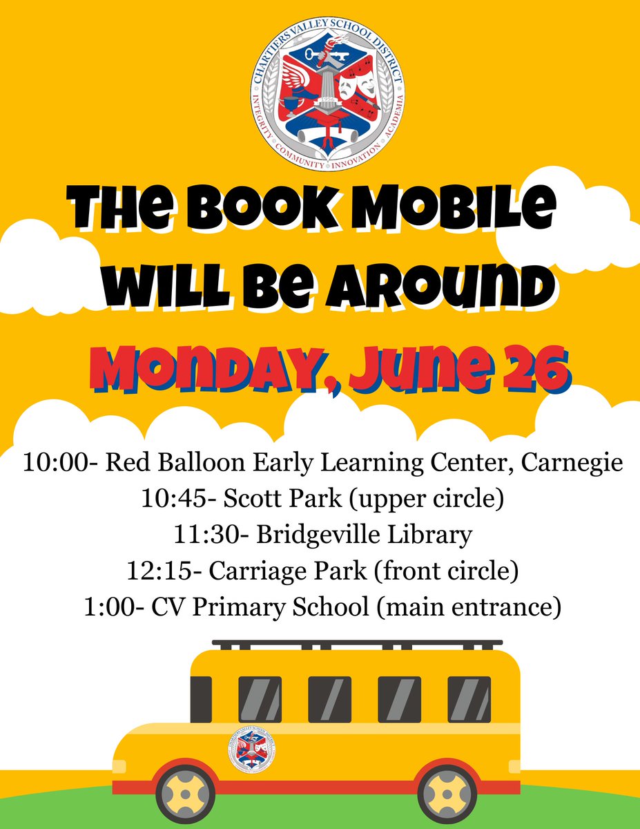 Due to the rain in the forecast, the Book Mobile is being rescheduled for Monday, June 26. Same times and locations. We hope to see you there!