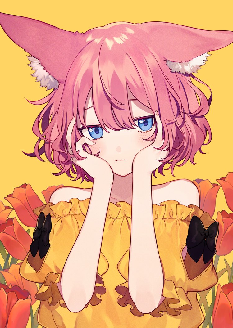 1girl animal ears blue eyes solo pink hair flower yellow background  illustration images