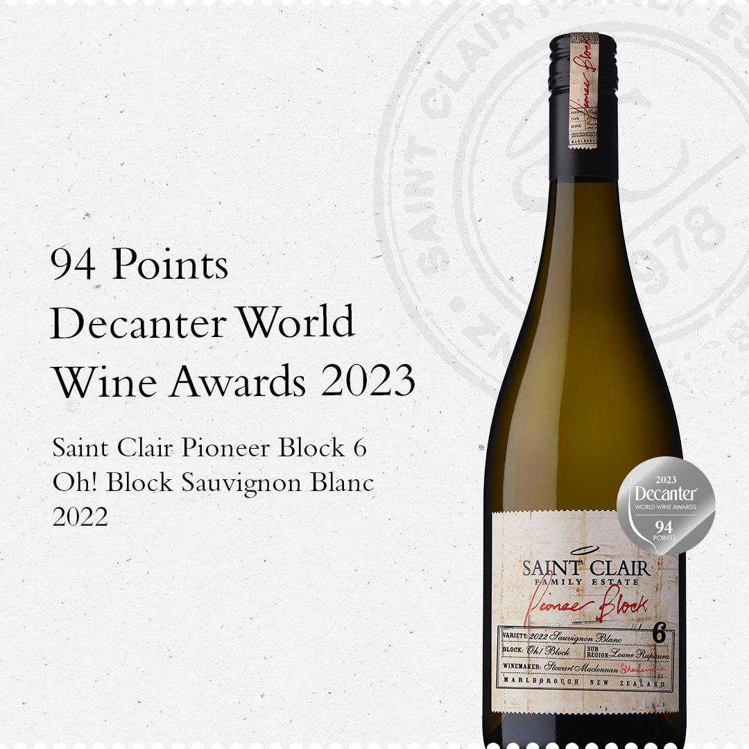 saintclairwine's tweet image. Scoring 94 Points at the 2023 Decanter World Wine Awards is our Saint Clair Pioneer Block 6 Oh! Block Sauvignon Blanc 2022! 
"A burst of peapod, green herb and slate with a fleshy texture and a nervy acid bite; fresh and lengthy." 

#NZWine #decanter #decanterwineawards #dwwa2023