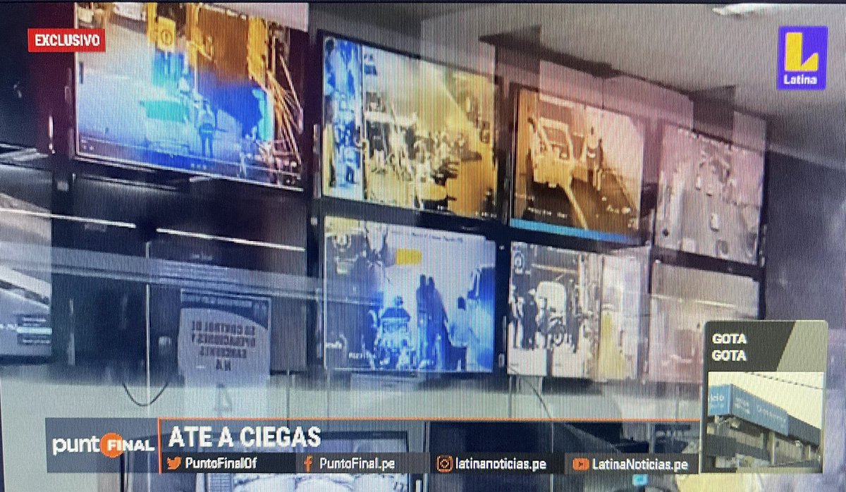 Christopher Acosta (@trujiyo) on Twitter photo #PuntoFinal En Ate existen 283 cámaras de seguridad para vigilar el distrito.
Las 283 no funcionan.
Su centro de monitoreo reproduce imágenes de archivo, para que vecinos crean que el distrito sí es vigilado.
Un informe de: <a href="/jefferson_luyo/">Jefferson Luyo</a> y <a href="/Jorgedett/">Jorge Dett</a> #PuntoFinal En Ate existen 283 cámaras de seguridad para vigilar el distrito.
Las 283 no funcionan.
Su centro de monitoreo reproduce imágenes de archivo, para que vecinos crean que el distrito sí es vigilado.
Un informe de: <a href="/jefferson_luyo/">Jefferson Luyo</a> y <a href="/Jorgedett/">Jorge Dett</a>