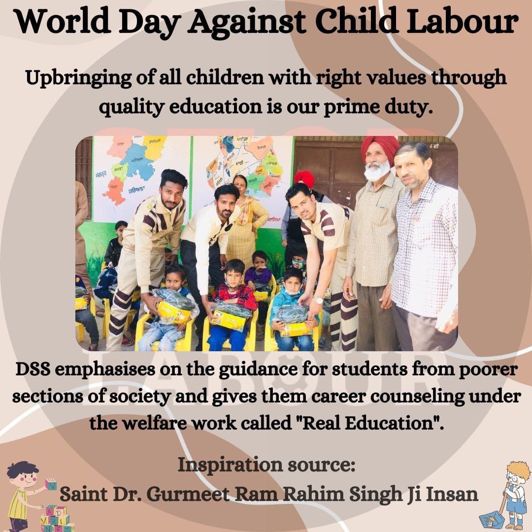 Child labor is a big stigma under the guidance of Saint Gurmeet Ram Rahim ji provides free education books etc. to economically weaker children so that they can read and become successful.
#WorldDayAgainstChildLabour
#EndChildLabour