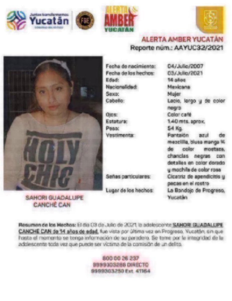 Vía <a href="/fgeyucatan/">FGE Yucatán</a> Sahori Guadalupe Canché Can, de 14 años de edad. #AlertaAmber #Yucatan