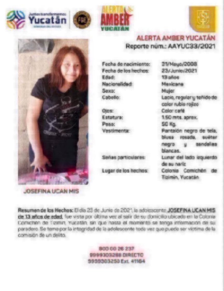 Vía <a href="/fgeyucatan/">FGE Yucatán</a> Josefina Ucan Mis de 13 años de edad.
#AlertaAmber #Yucatan