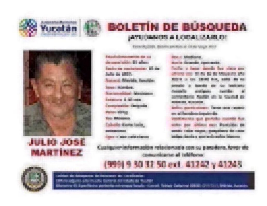 Vía <a href="/fgeyucatan/">FGE Yucatán</a> JULIO JOSÉ MARTÍNEZ, 81 años #Mérida #Yucatán 

Si tienes información que pueda ayudar a su familia a encontrarlo, comunícate a los números de la imagen.