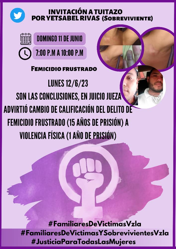 #11Jun📣 | Nos sumamos a la exigencia de justicia para Yetsabel Rivas, víctima de violencia física por parte de Néstor Salazar. Llámanos a las instancias de protección a la mujer del estado venezolano, a brindar garantías de los derechos de la mujer.

#JusticiaParaTodasLasMujeres