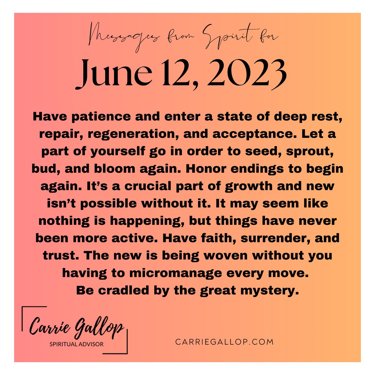 Messages From Spirit for June 12, 2023 ✨

#Daily #Guidance #Message #MessagesFromSpirit #June12 #HavePatience #Enter #Deep #Rest #Repair #Regeneration #Acceptance #LetGo #Seed #Sprout #Bud #Bloom #Honor #Endings #BeginAgain #Growth #New #Possibilities #HaveFaith #Surrender