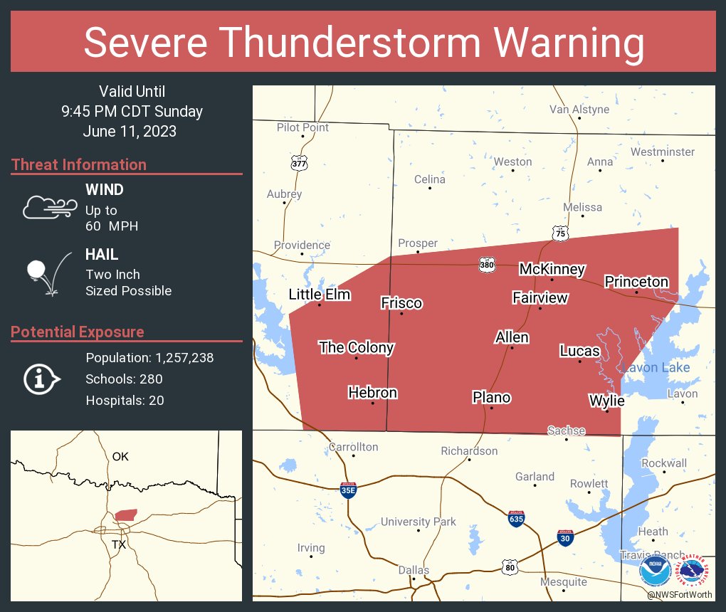 NWSFortWorth: Severe Thunderstorm Warning continues for Plano TX, McKinney TX and  Frisco TX until 9:45 PM CDT. This storm will contain two inch sized hail!