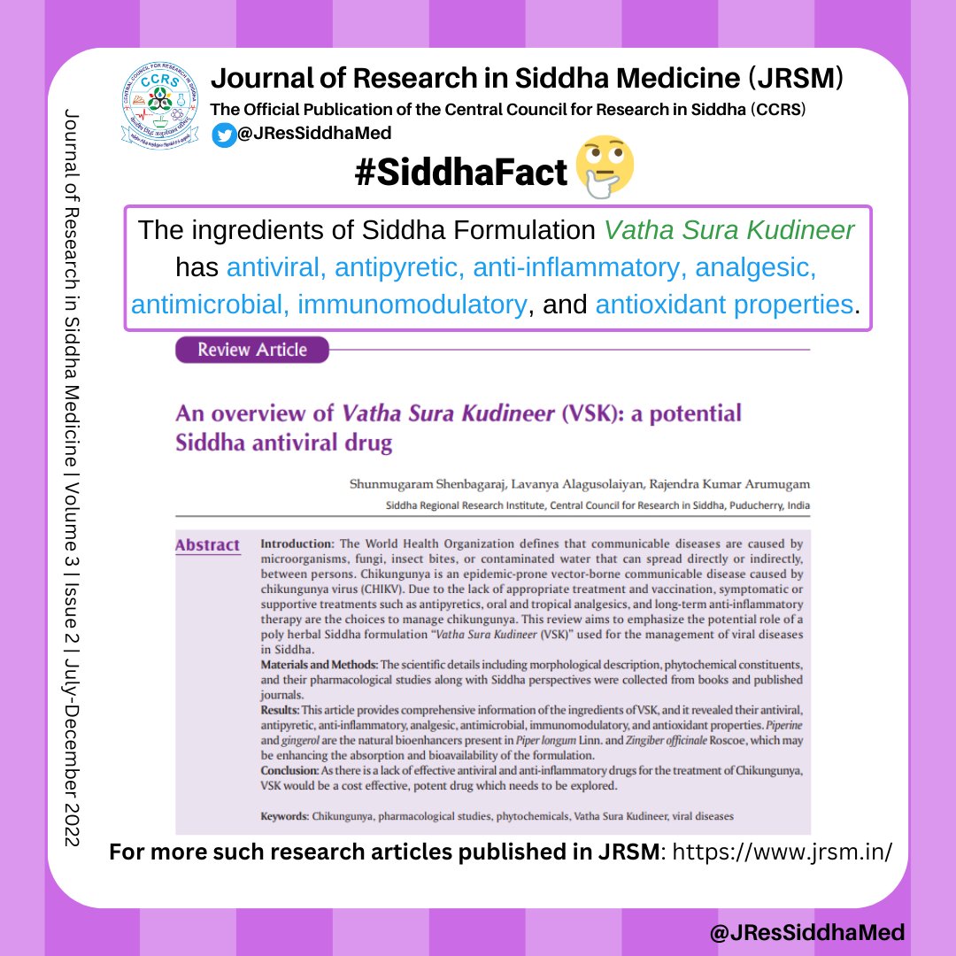 JResSiddhaMed's tweet photo. To read the Full text: [https://t.co/ETFy2H7VTe]. For more Research articles: [https://t.co/6y3XCrZpz1]. For submission of Articles [https://t.co/TgsVNwB4f9]
#SiddhaFact #JRSM #JResSiddhaMed #CCRS #MoHFW_INDIA #nischennai #moayush #Ayush #ZindagiRaheKhush https://t.co/2ycJ0DcegW