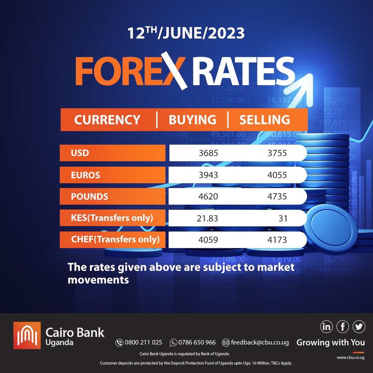 Forex Rates | 12 June, 2023

⚠️ Rates given are subject to market movements❗️

#CairoBanks #ForexRates #Money #MoneyMatters #MoneyInTheBank #Rates #Forex #ForexBanking #MoneyExchange #commerce #MoneyTalks #MoneyTips