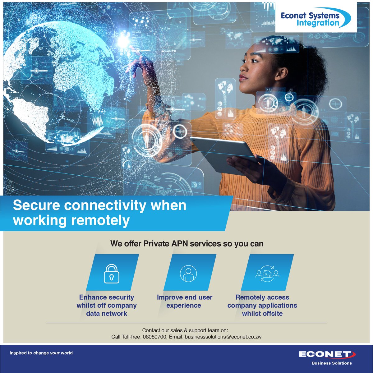EconetBusiness's tweet photo. Secure connectivity when working remotely with Econet Systems Integration.
Contact our sales and support team on 08080700 or email businesssolutions@econet.co.zw https://t.co/QVRkGNUGXK