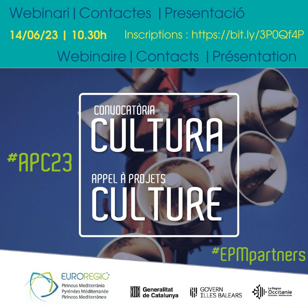 🔊#APC23 #cultura #convocatoria #euroregio
#epmpartners
Projectes culturals de qualsevol temàtica, amb socis del territori euroregional.

📝14/06 - 10.30h bit.ly/3P0Qf4P

🔊 #culture #appelaprojet #euroregion 
Projets culturels de tout domaine, partenaires eurorégionaux