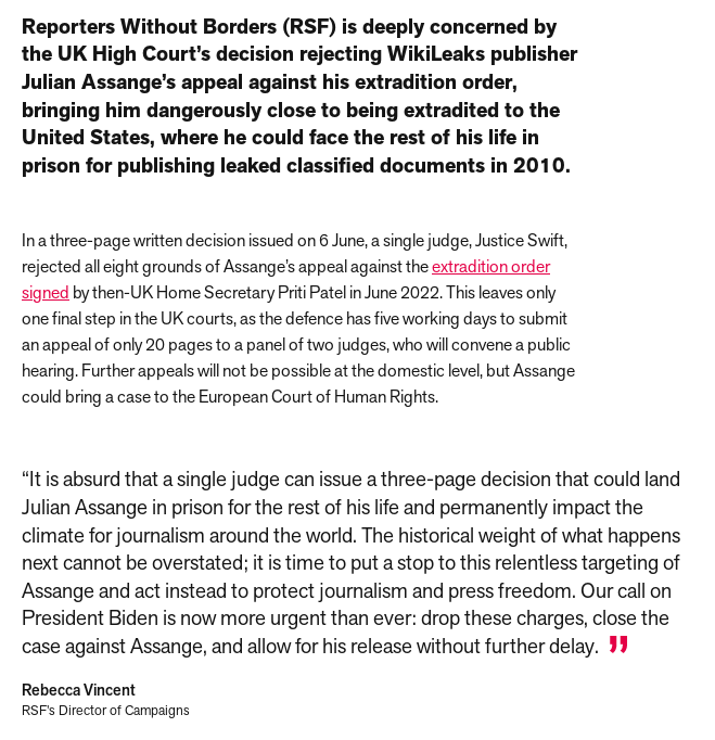 wikileaks's tweet photo. 'Julian Assange dangerously close to extradition following High Court rejection of appeal' @RSF_inter https://t.co/90bm1VArDI https://t.co/jBb6QM1n8B