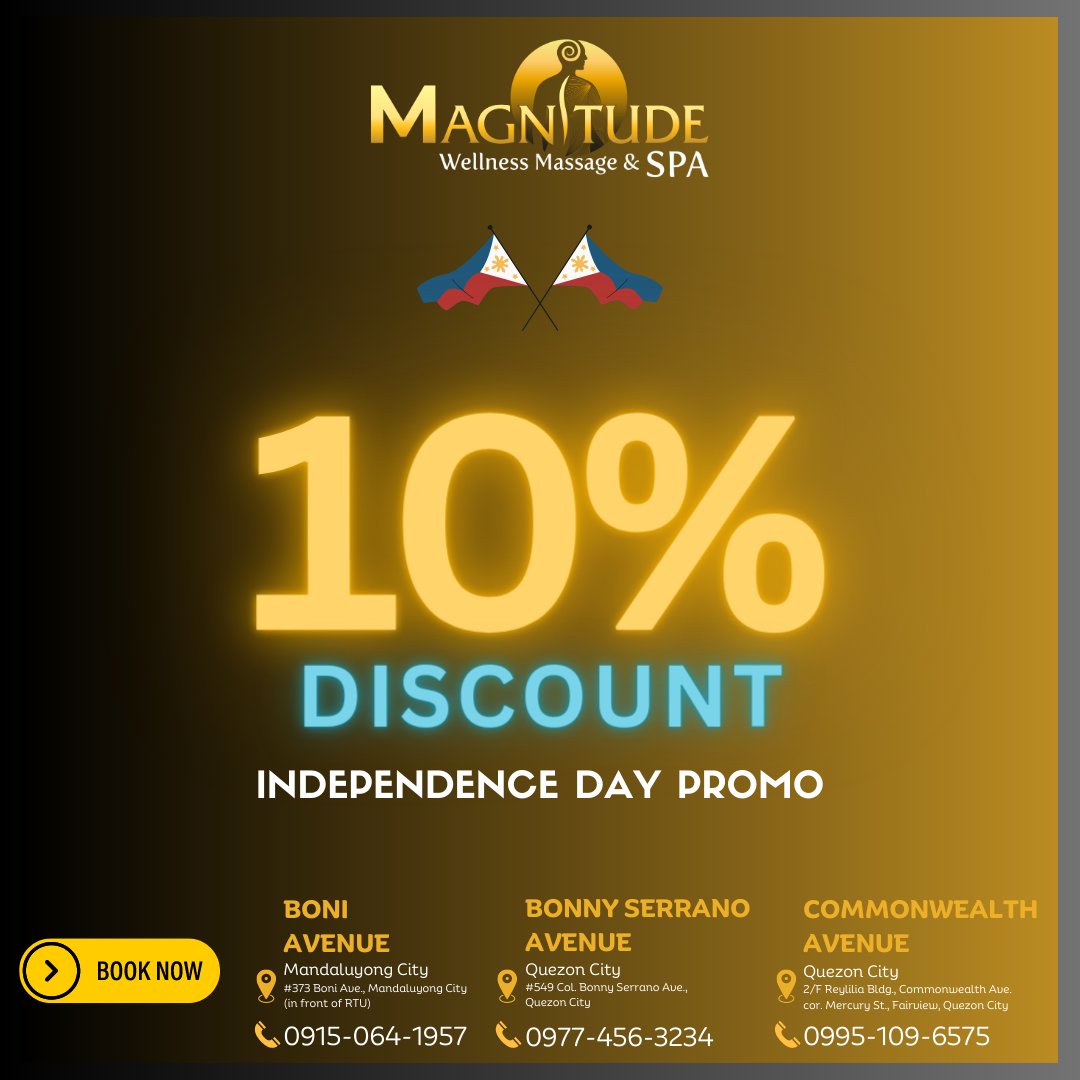 HorizonSpaPh's tweet photo. 🎉 Celebrate Philippine's Independence Day with a sweet escape at @MagnitudeSpa! 🌺💆‍♀️Enjoy a relaxation and calm while embracing the spirit of freedom. 🇵🇭✨

🎁 To honor this special occasion, we're offering an exclusive 10% DISCOUNT on all our services! 😍✨#IndependenceDay2023 https://t.co/ZZuhkBjaIM