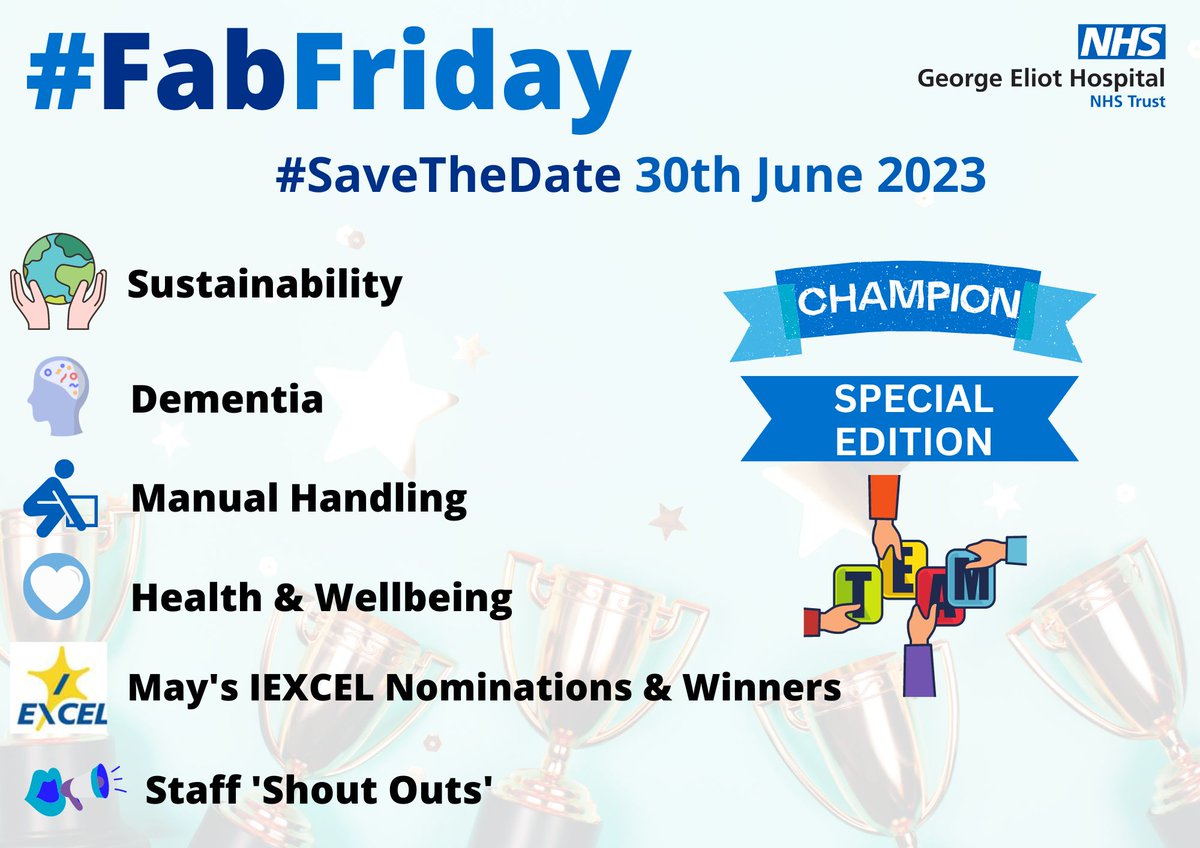 #SaveTheDate 30th June 10-11 #FabFriday is having a #Champion Special! 
Join us to hear from:
💚#Sustainability
💙#Dementia
💙#ManualHandling
💙#WellBeing Champions
👏Plus #IEXCEL nominations & winners
📩FabFriday@geh.nhs.uk
#StaffAppreciation #ContinuousImprovement @GEHNHSnews