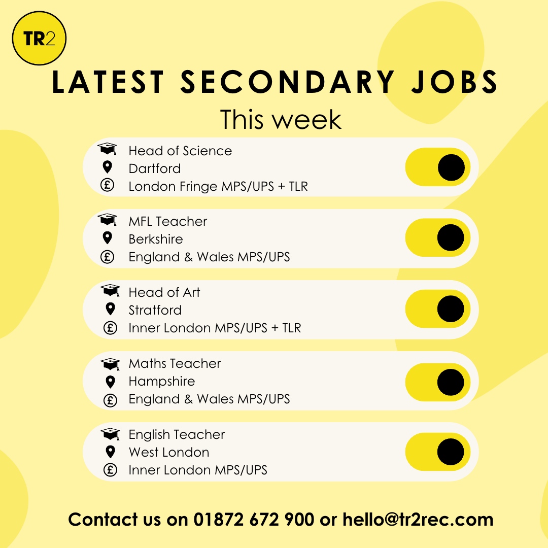 The secondary desks at TR2 Recruitment are as busy as ever. Below is a snapshot of the latest jobs to have hit our desks this week.💥

#TR2Recruitment #Recruitment #WeAreTheGoodGuys  #secondaryjobs #education #jobsthisweek #Clients #Candidates #Rec #Hiring #JobSearch #Employment