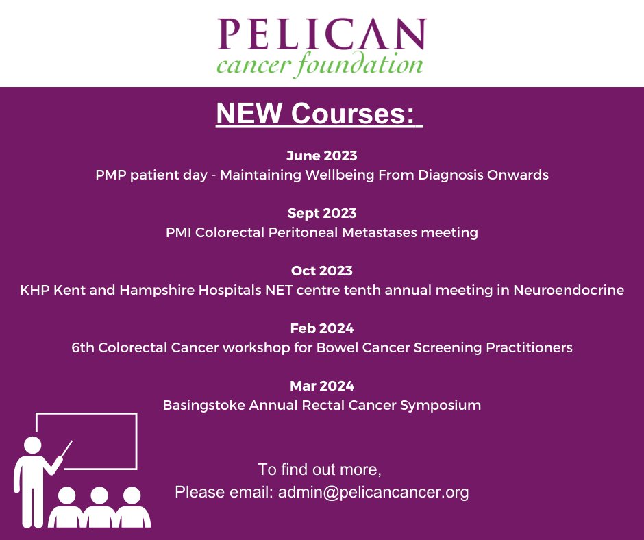 We have a few NEW courses coming up.

To find out more, please email: admin@pelicancancer.org

#BowelCancer #LiveWellForLonger #BowelCancerSurgery #CancerSpecialist #ResearchAndEducation