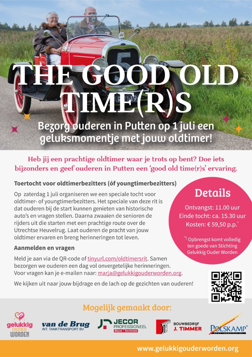 Heb jij een old- of youngtimer, een groot hart voor ouderen én gun je hen een speciaal geluksmomentje? schrijf je dan snel in voor "The good old time(r)s" tour tocht op 1 juli die door meerdere bedrijven uit putten mogelijk wordt gemaakt. #oldtimers #geluksmomentje