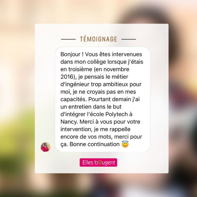 💯Ces témoignages sont la raison d'être d'Elles bougent ! 
Merci à nos 10 000 bénévoles qui toute l'année vont à la rencontre des filles, dès le primaire, pour transmettre leur passion et susciter des vocations ! 
#ellesbougent #EB2023