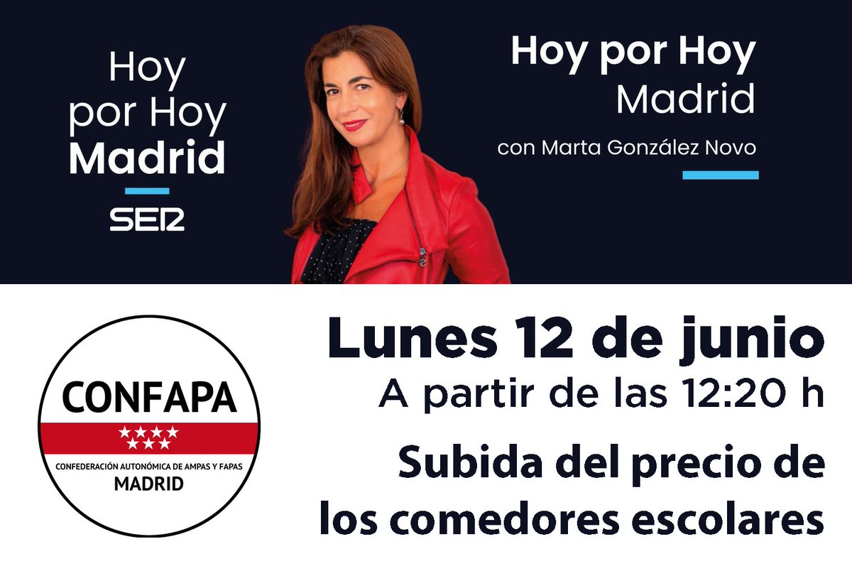 Esta mañana estaremos en <a href="/HoyxHoyMadrid/">Hoy por Hoy Madrid</a> hablando de la subida del precio del comedor escolar en la <a href="/ComunidadMadrid/">Comunidad de Madrid</a> y de otros problemas que nos afectan a las #Familias madrileñas.

<a href="/ConfapaMadrid/">CONFAPA MADRID</a>
#ConLasFamilias