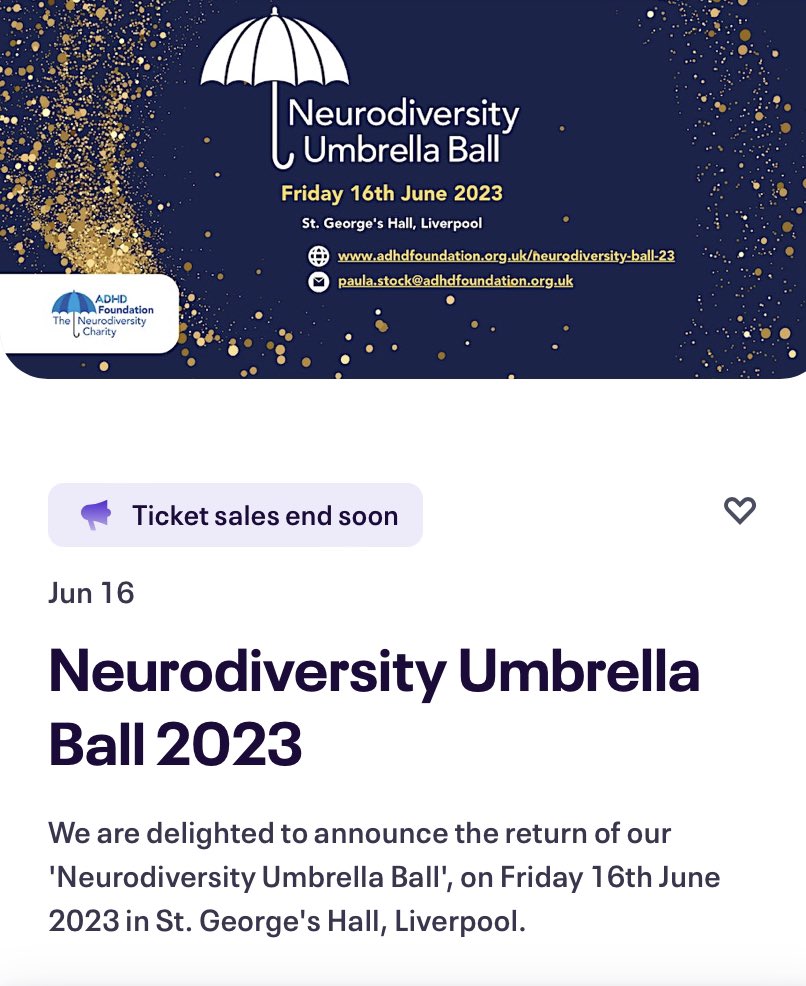 Join us Friday 16th June for the ‘2023 Neurodiversity Umbrella Ball’ with Rory Bremner, Rebecca Ferguson & Band, Marcus Collins Motown Tribute Band & TV Presenter Aidy Smith for a fantastic celebration of Neurodiversity. Book: eventbrite.co.uk/e/neurodiversi… info@adhdfoundation.org.Uk ☂️