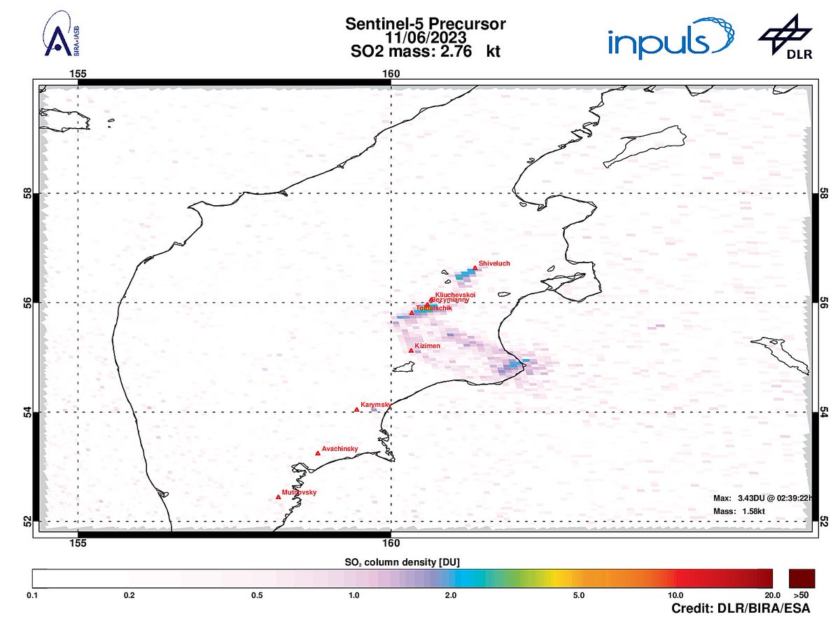 On 2023-06-11 #TROPOMI has detected an enhanced SO2 signal of 3.43DU at a distance of 8.4km to #Bezymianny. Other nearby sources:  #Kliuchevskoi #Tolbatschik #Kizimen. #DLR_inpuls @tropomi #S5p #Sentinel5p @DLR_en @BIRA_IASB @ESA_EO #SO2LH