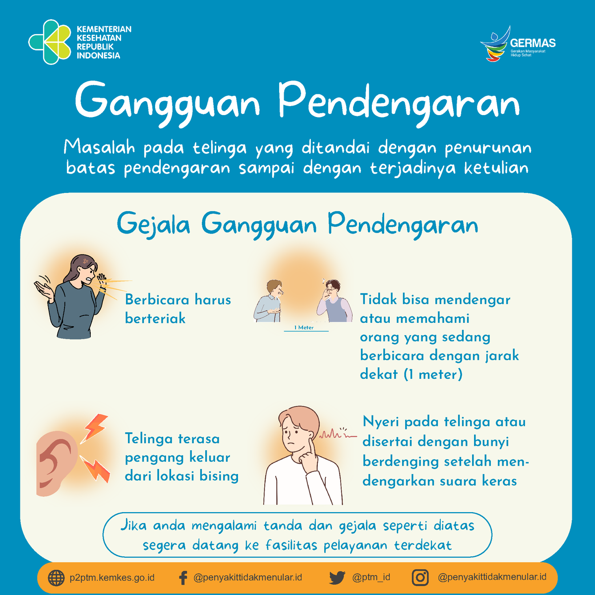 Sobat Sehat, apa itu gangguan pendengaran?  Yuk, ketahui beberapa gejalanya.
.
#CERDIK #CegahPTM #DukungGERMAS
#GangguanPendengaran #telinga